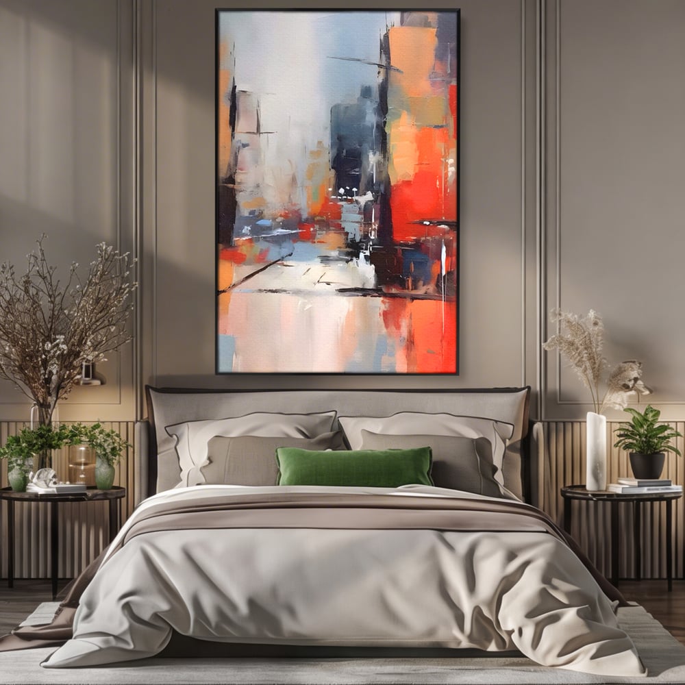 Tablou canvas cu pictura abstracta cu oras si cladiri, in rama de aluminiu negru, pe perete intr-un dormitor